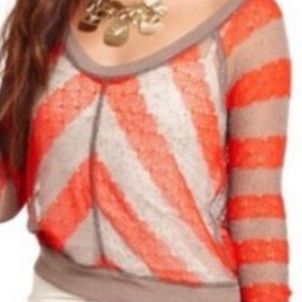 Free People Sweater Loose Knit Sheer Knit Tan & Red Diagonal Stripes Size XS